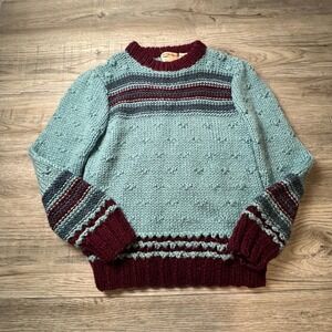 Hand-Knit Sweater Unisex‎ Medium Blue Burgundy Striped Popcorn Stitch Vintage